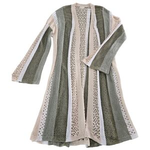 POL Women's Open-Front Crochet Cardigan in Olive, Cream & White SZ S